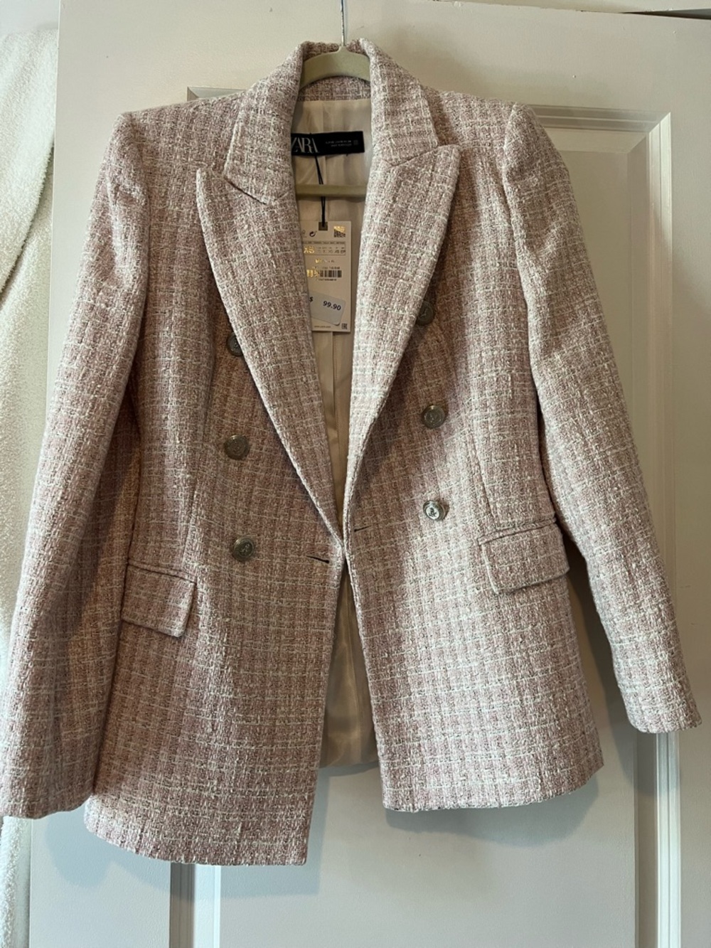 BRAND NEW -Zara -  Double-Breasted Light Pink Tweed Blazer - XS